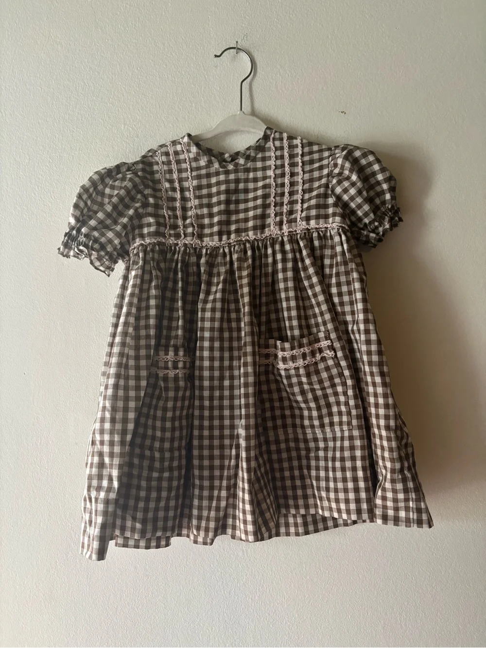 Genuine Vintage Handmade Brown and White Gingham Smocked Dress with Pockets